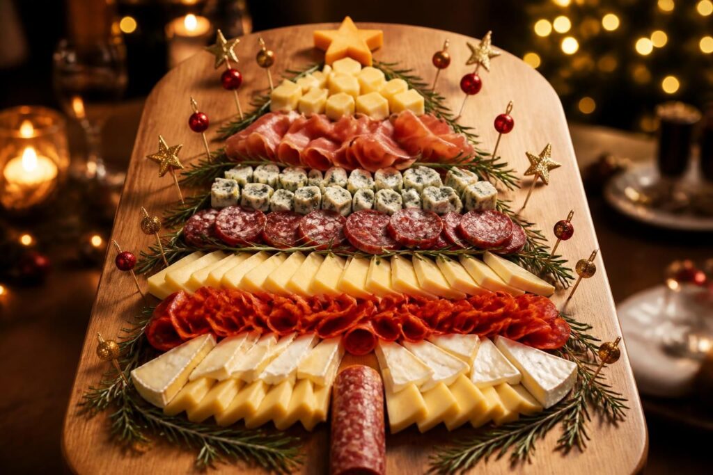 Sapin apéritif de Noël : idées originales avec fromage, charcuterie et déco