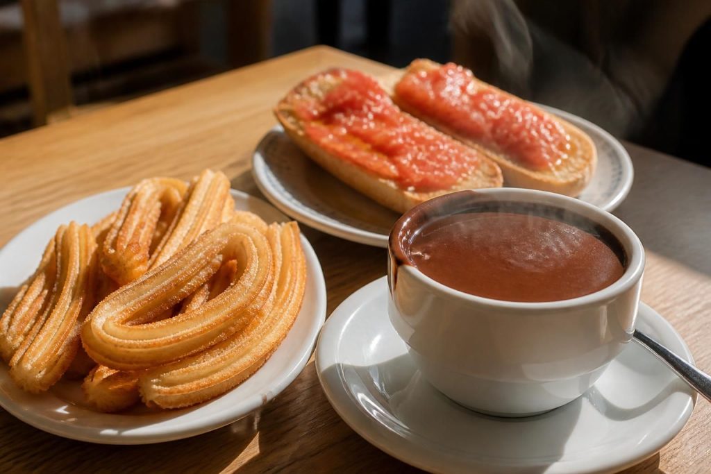 Petit déjeuner espagnol typique avec churros et tomate pour bien commencer la journée