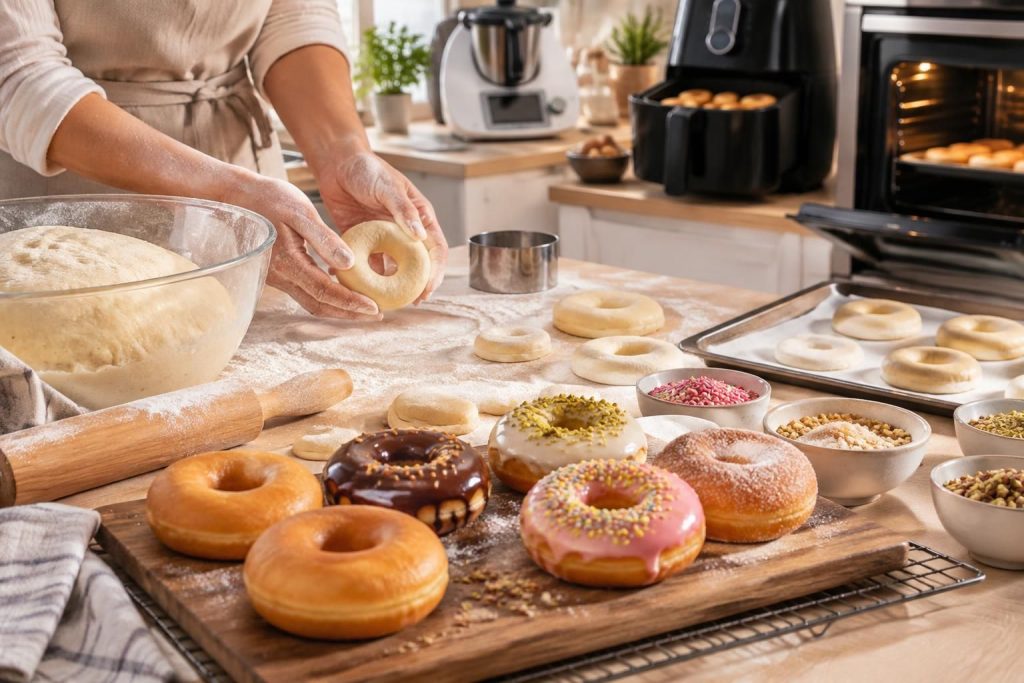 découvrez comment préparer une pâte à donuts moelleuse et réussir vos donuts grâce à nos recettes et astuces au thermomix, à l’air fryer ou au four.