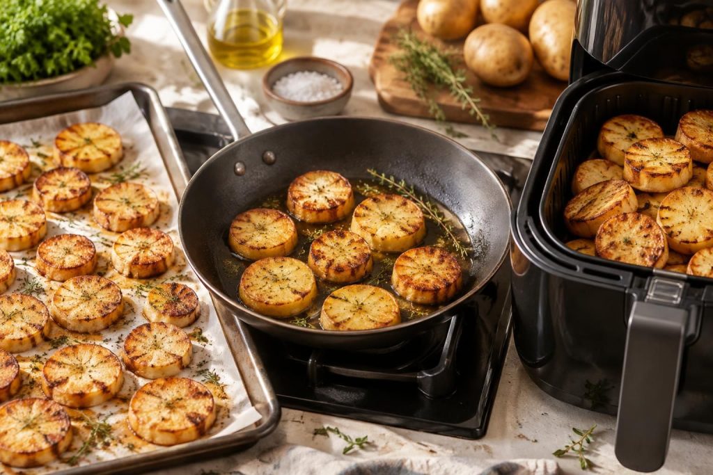 Pomme de terre ronde en rondelle : cuisson au four, poêle et air fryer